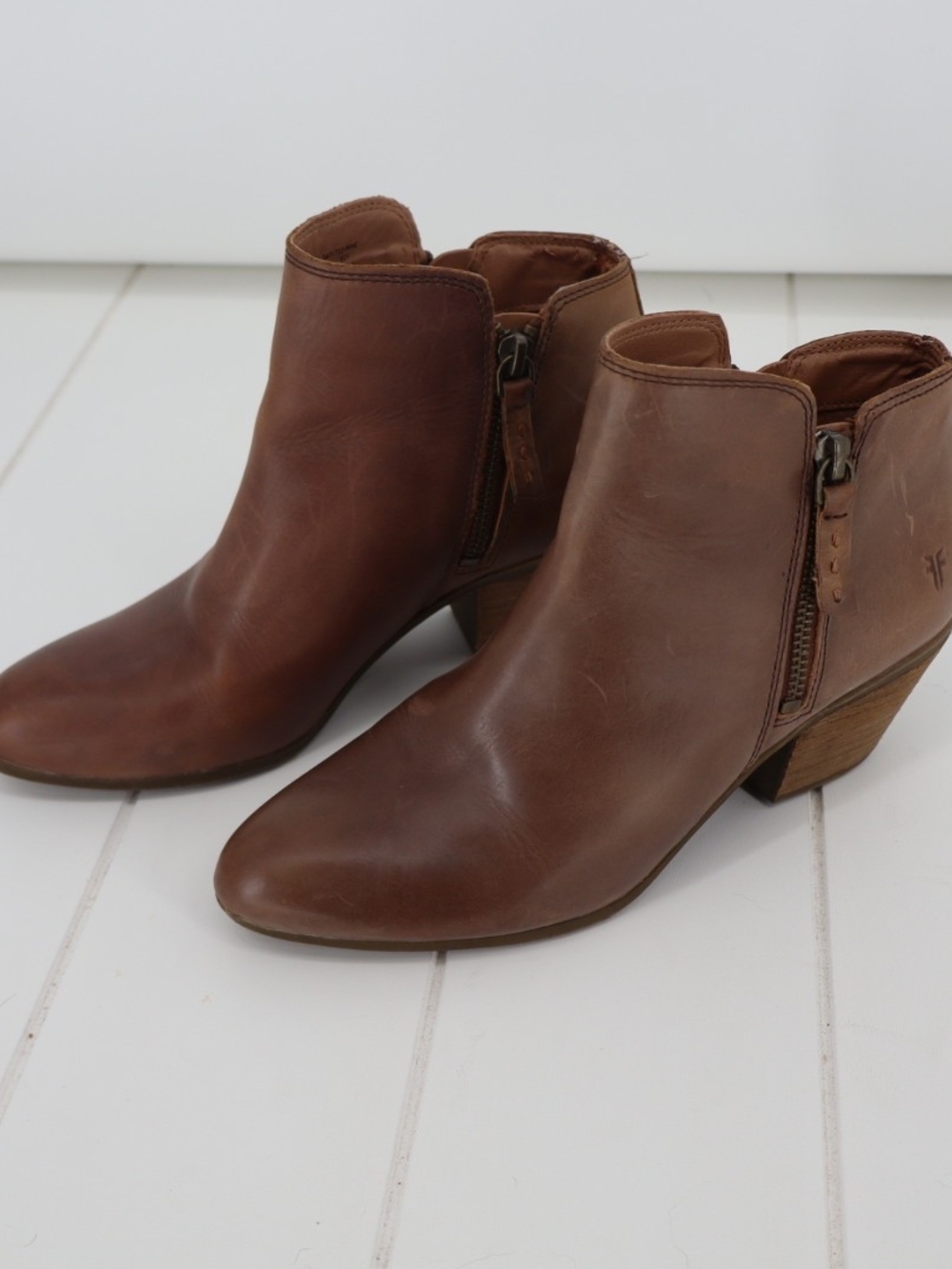 Frye Judith Double Zip Leather Ankle Boots 6.5M Brown Western Boho Block Heel